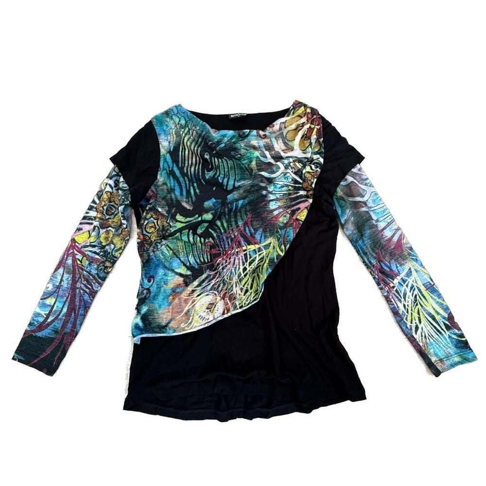 Onyx Mixed Media Long Sleeve Blouse Size S/P, Abstract Animal Print Graphic Tee